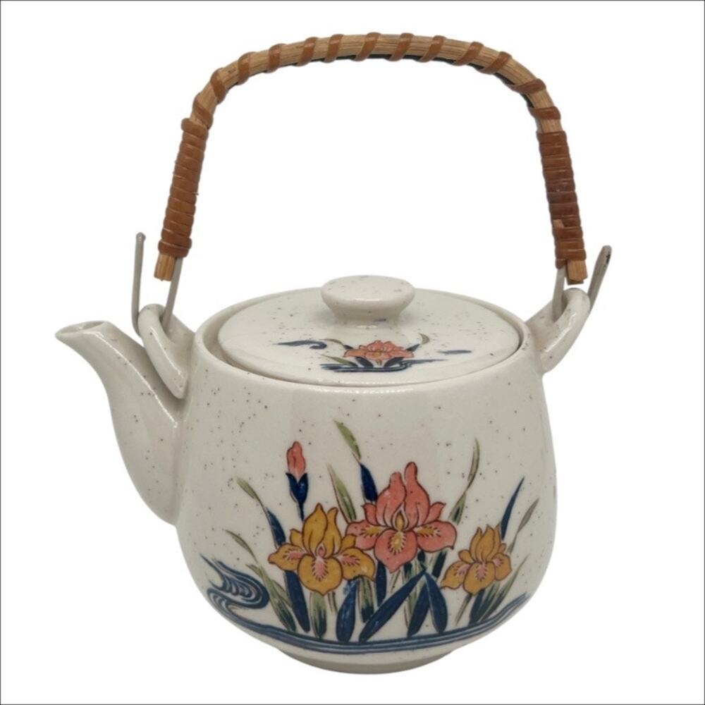 Vintage Toyo Hand Painted Floral Japanese Stoneware Teapot With Wicker Handle